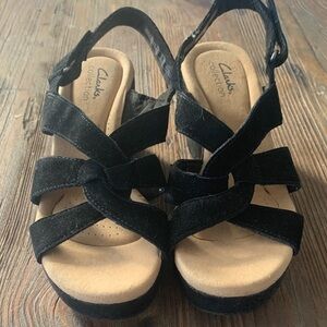 Clarks collection black suede wedge sandals